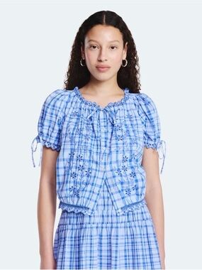 Free Assembly Light Blue Plaid Embroidered Peasant Top